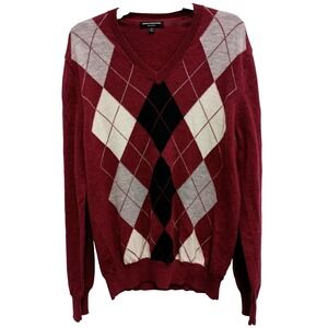 VTG Express Design Studio Sweater Mens XL Red Argyle Wool Pullover Preppy V Neck